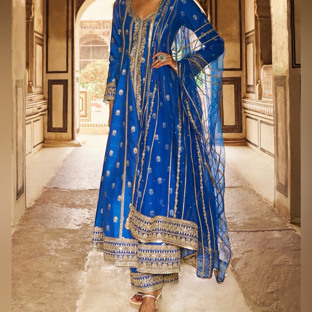 Blue Embroidered Anarkali Style Palazzo